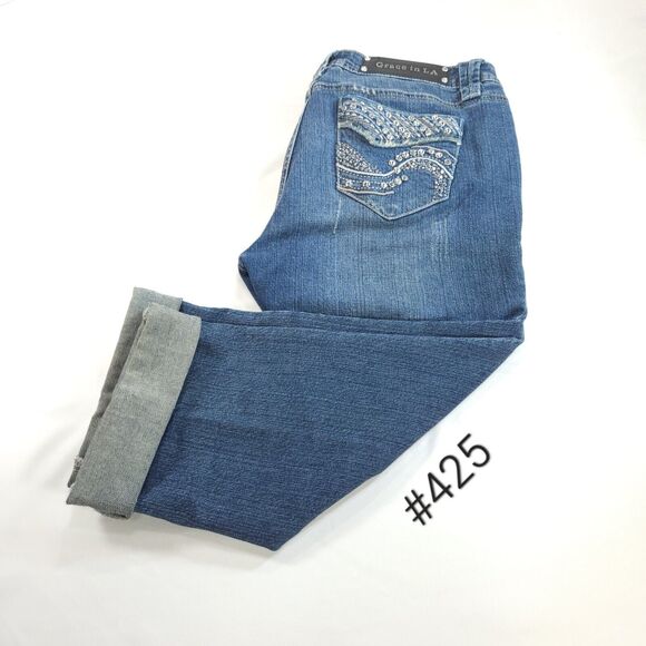 Grace in LA Capri Button Zip Denim Medium Wash Jeans Womens Size 13 Blue - Picture 1 of 9